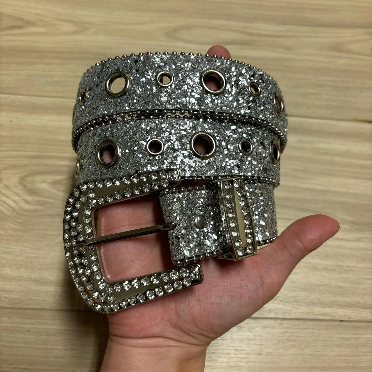 0560 - Silver Rhinestone Grommet Buckle Belt - Image 2