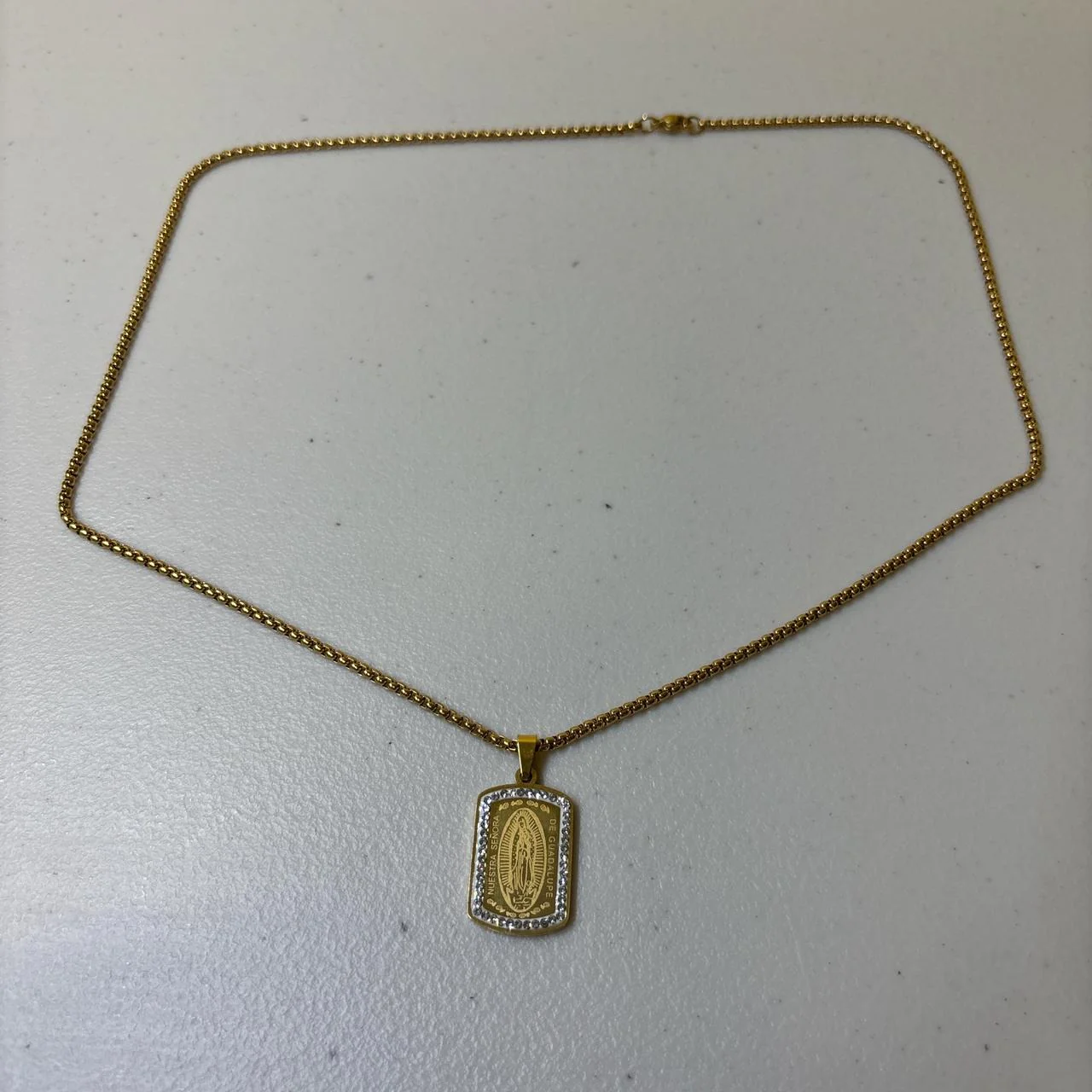 0621 - Gold Rhinestone Virgin Mary Necklace - Image 4